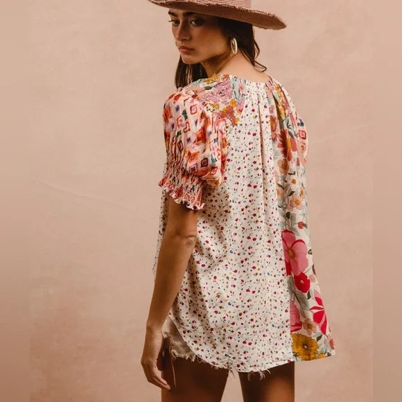 Floral Patchwork Boho Peasant Top | Smocked Sleeve Woven Blouse - Picture 4 of 9